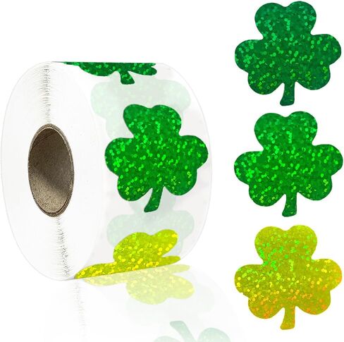 500Pcs St Patricks Day Clover Stickers Roll - Laser Green Clover Shape Self-Adhesive Sealing Stickers, 1.5inch Yellow Sparkly Waterproof Decals for St Patricks Day Party Envelope Scrapbook Decor in Saudi Arabia