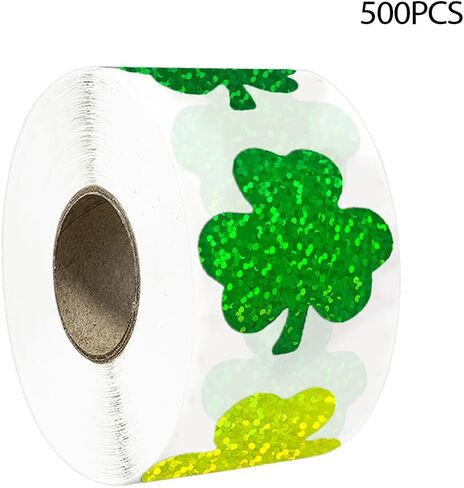 500Pcs St Patricks Day Clover Stickers Roll - Laser Green Clover Shape Self-Adhesive Sealing Stickers, 1.5inch Yellow Sparkly Waterproof Decals for St Patricks Day Party Envelope Scrapbook Decor in Saudi Arabia