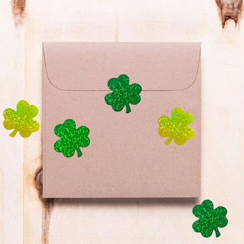 500Pcs St Patricks Day Clover Stickers Roll - Laser Green Clover Shape Self-Adhesive Sealing Stickers, 1.5inch Yellow Sparkly Waterproof Decals for St Patricks Day Party Envelope Scrapbook Decor in Saudi Arabia