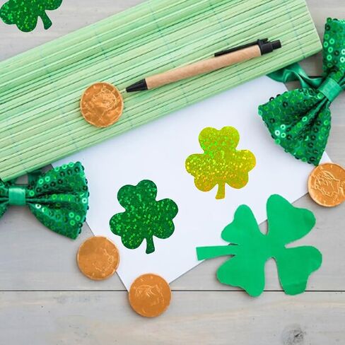 500Pcs St Patricks Day Clover Stickers Roll - Laser Green Clover Shape Self-Adhesive Sealing Stickers, 1.5inch Yellow Sparkly Waterproof Decals for St Patricks Day Party Envelope Scrapbook Decor in Saudi Arabia