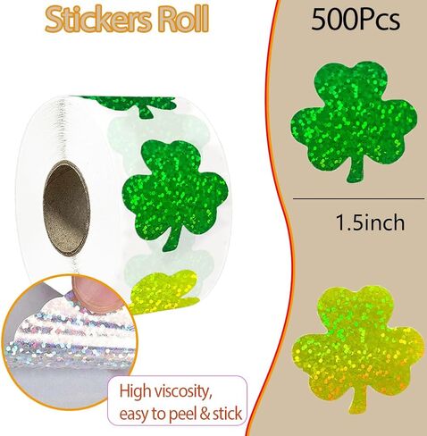 500Pcs St Patricks Day Clover Stickers Roll - Laser Green Clover Shape Self-Adhesive Sealing Stickers, 1.5inch Yellow Sparkly Waterproof Decals for St Patricks Day Party Envelope Scrapbook Decor in Saudi Arabia