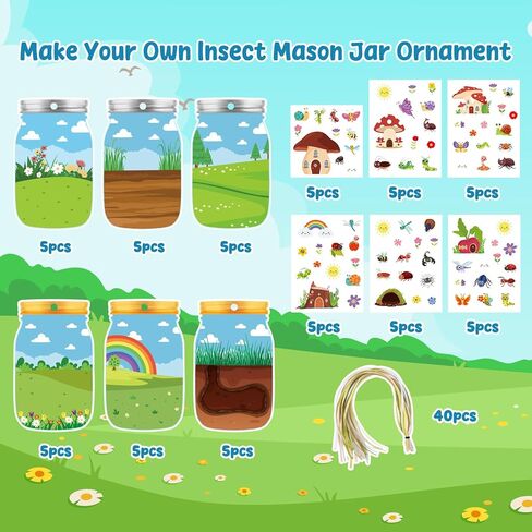 30 Sheet Spring Insect Craft Kit Spring Summer Mason Jar Scene with Bee Ladybug Flower Sticker Make Your Own Insect Jar Ornament for Kid Toddler Sunday School Classroom Home Reward Activity in Saudi Arabia