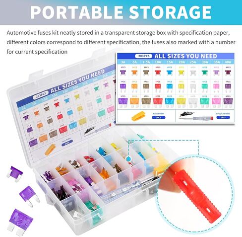 203PCS Car Fuses Assortment Kit with Car Fuse Tester & Puller,Cars Fuse Kit with Standard/Mini/Low Profile Mini,Fuses Automotive Kits (3A 5A 7.5A 10A 15A 20A 25A 30A 35A 40A) in Saudi Arabia