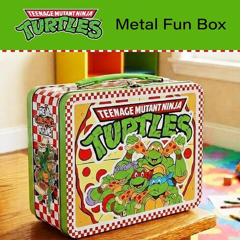 صندوق المرح لسلاحف النينجا من AQUARIUS - علبة تخزين معدنية TMNT بمقبض، فن منقوش بارز، صندوق معدني من القصدير قابل للتجميع، علبة للألعاب وبطاقات التداول in Kuwait