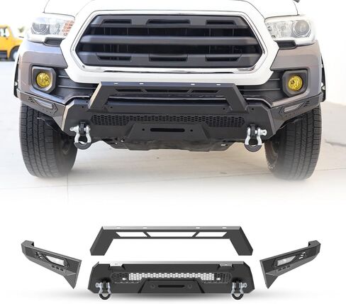 المصد الأمامي من الجيل الثالث من ROXX لسيارة Toyota Tacoma 2016-2023، مصد فولاذي بأجنحة جانبية وقضيب الثور، مصد زاحف الصخور مع لوحة ونش وحوامل شريط إضاءة LED وحلقة على شكل حرف D ولوحة ترخيص in Kuwait