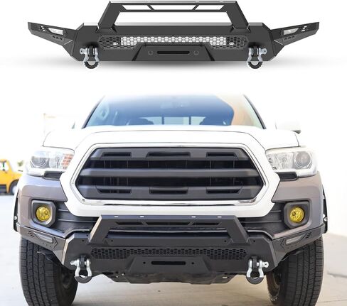 المصد الأمامي من الجيل الثالث من ROXX لسيارة Toyota Tacoma 2016-2023، مصد فولاذي بأجنحة جانبية وقضيب الثور، مصد زاحف الصخور مع لوحة ونش وحوامل شريط إضاءة LED وحلقة على شكل حرف D ولوحة ترخيص in Kuwait