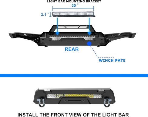 المصد الأمامي من الجيل الثالث من ROXX لسيارة Toyota Tacoma 2016-2023، مصد فولاذي بأجنحة جانبية وقضيب الثور، مصد زاحف الصخور مع لوحة ونش وحوامل شريط إضاءة LED وحلقة على شكل حرف D ولوحة ترخيص in Kuwait