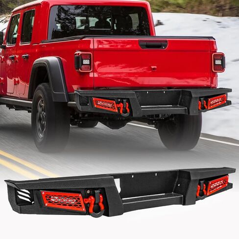 مصدات خلفية SUNPIE مع فتحات لوحة الترخيص وفتحات المستشعر المتوافقة مع Jeep Gladiator(JT) 2019-2026، مصد زاحف الصخور الأسود المزخرف مع حلقات D وLED للشاحنة in Kuwait