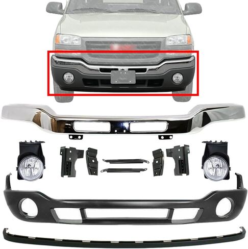 Front Bumper Chrome With Brackets + Lower Valance Primed + Extension Textured + Fog Lamps Left Driver and Right Passenger Side Direct Replacement For 2003-2006 GMC Sierra 1500 2500HD 3500 in Saudi Arabia