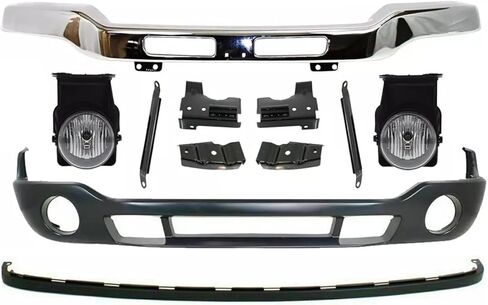 Front Bumper Chrome With Brackets + Lower Valance Primed + Extension Textured + Fog Lamps Left Driver and Right Passenger Side Direct Replacement For 2003-2006 GMC Sierra 1500 2500HD 3500 in Saudi Arabia