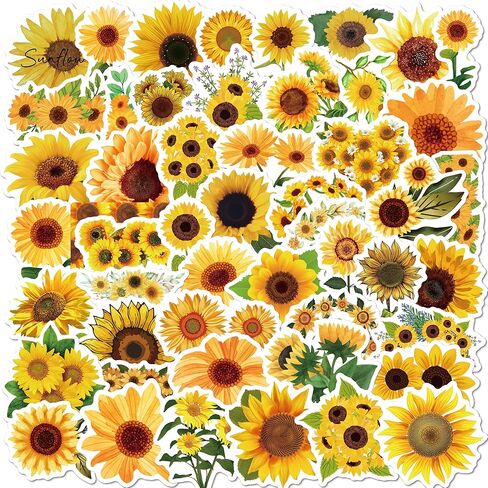 50 PCS Sunflower Stickers, Vinyl Waterproof Decals for Water Bottles, Phone, Laptop, Luggage, Guitar, Floral Sunflower Sticker Gifts for Women Men Adults in Saudi Arabia