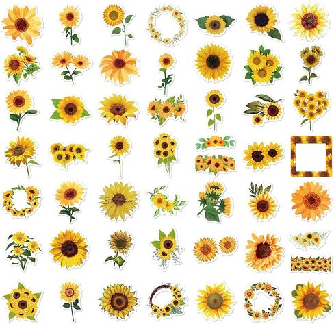 50 PCS Sunflower Stickers, Vinyl Waterproof Decals for Water Bottles, Phone, Laptop, Luggage, Guitar, Floral Sunflower Sticker Gifts for Women Men Adults in Saudi Arabia