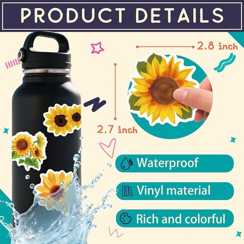 50 PCS Sunflower Stickers, Vinyl Waterproof Decals for Water Bottles, Phone, Laptop, Luggage, Guitar, Floral Sunflower Sticker Gifts for Women Men Adults in Saudi Arabia