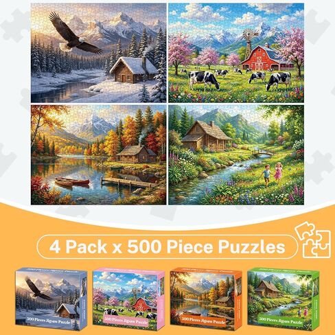 4-Pack 500 Piece Puzzles for Adults, Four Seasons Scenery Jigsaw Puzzles for Adults 500 Pieces, Fun Challenging Jigsaw Puzzles 500 Pieces for Adults Family Game Gift for Home Decor Wall Art in Saudi Arabia