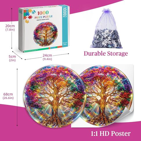 Round Jigsaw Puzzle for Adults - 1000 Piece Tree of Life Challenge - Vibrant Gradient Mandala Art, 26.5in Circular Brain Teaser, Stress Relief Home Decor & Unique Birthday Gift in Saudi Arabia