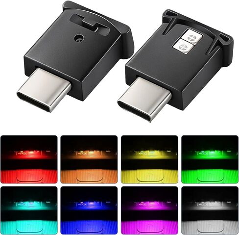 2pcs Mini Type-C LED Light, Car Led Lights Interior, 8 Colors RGB LED Car Atmosphere Lamp with Adjustable Brightness, 5V Plug-in Type-C Night Lights Interior Decor for Vehicle Office (Type-C) in Kuwait
