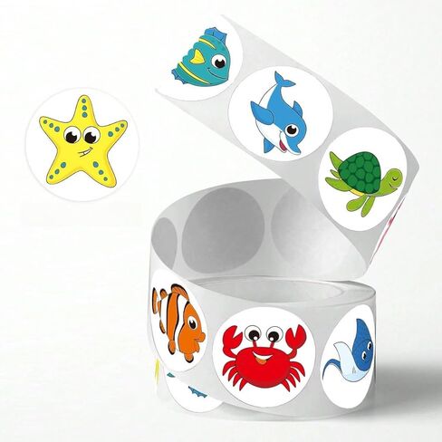 1 Roll 500 Pcs Round Sea Animal Pattern Self Adhesive Glossy Paper Stickers for Gift, Cup, Dessert Decoration and School Reward Use in Kuwait