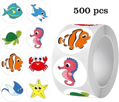 1 Roll 500 Pcs Round Sea Animal Pattern Self Adhesive Glossy Paper Stickers for Gift, Cup, Dessert Decoration and School Reward Use in Kuwait
