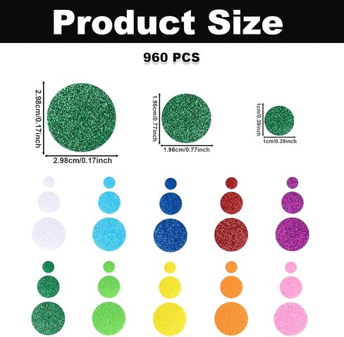960PCS Glitter Foam Circle Stickers, 10 Vibrant Colors & 3 Sizes Self-Adhesive Round Dot Decals, Wall Foam Stickers for DIY Crafts Scrapbooking Greeting Cards Birthday Festival Party Home Decor in Saudi Arabia