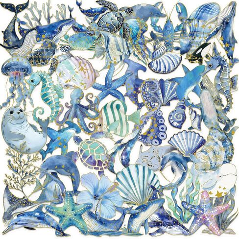 50pcs Ocean Animal Stickers，PET Transparent Stickers Starfish Sea Creature Decals for Water Bottle Laptop Phone Computer Skateboard Luggage Notebook in Kuwait