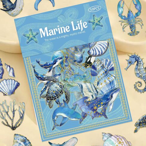 50pcs Ocean Animal Stickers，PET Transparent Stickers Starfish Sea Creature Decals for Water Bottle Laptop Phone Computer Skateboard Luggage Notebook in Kuwait