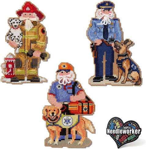 Mill Hill First Responder Santa Set (2025)! Set of 3 Beaded Cross Stitch Kits Including Firefighter, Police Officer and EMT Santas, Plus Decorative 'Needleworker' Sticker in Kuwait
