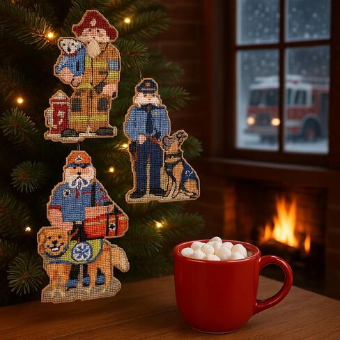 Mill Hill First Responder Santa Set (2025)! Set of 3 Beaded Cross Stitch Kits Including Firefighter, Police Officer and EMT Santas, Plus Decorative 'Needleworker' Sticker in Kuwait