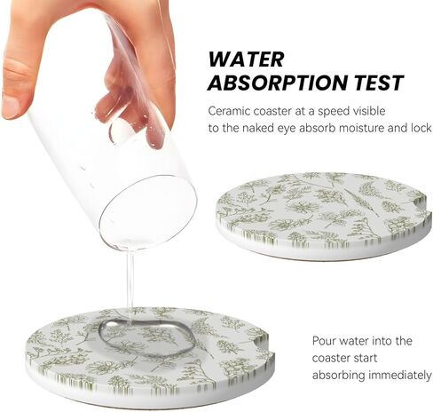 Vintage Green Flower Car Cup Coaster 2 Pack Ceramic Absorbent Car Coasters 2.56 Inch Non-Slip Car Cup Holder Interior Car Accessories for Women Girls Cup Mats with Cork Base and Finger Notch in Saudi Arabia