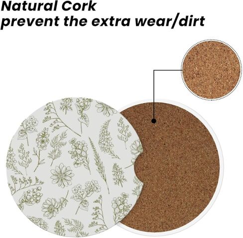 Vintage Green Flower Car Cup Coaster 2 Pack Ceramic Absorbent Car Coasters 2.56 Inch Non-Slip Car Cup Holder Interior Car Accessories for Women Girls Cup Mats with Cork Base and Finger Notch in Saudi Arabia