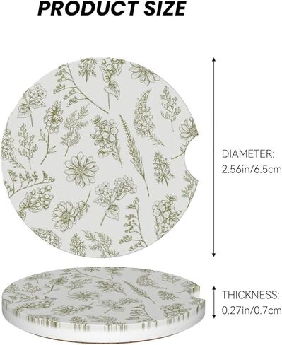 Vintage Green Flower Car Cup Coaster 2 Pack Ceramic Absorbent Car Coasters 2.56 Inch Non-Slip Car Cup Holder Interior Car Accessories for Women Girls Cup Mats with Cork Base and Finger Notch in Saudi Arabia