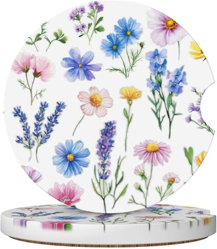 Vintage Green Flower Car Cup Coaster 2 Pack Ceramic Absorbent Car Coasters 2.56 Inch Non-Slip Car Cup Holder Interior Car Accessories for Women Girls Cup Mats with Cork Base and Finger Notch in Saudi Arabia