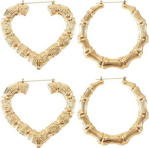 PAGOW 3 Pairs Large Bamboo Earrings, 14K Gold Plated Round Hoop Bamboo Earrings, Hypoallergenic 80s 90s Shiny Hip Hop Earring Hoops for Women Jewelry Party - 3 Sizes in Kuwait