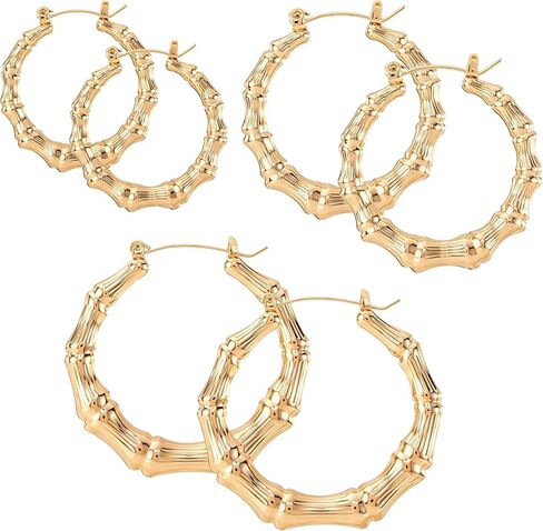 PAGOW 3 Pairs Large Bamboo Earrings, 14K Gold Plated Round Hoop Bamboo Earrings, Hypoallergenic 80s 90s Shiny Hip Hop Earring Hoops for Women Jewelry Party - 3 Sizes in Kuwait