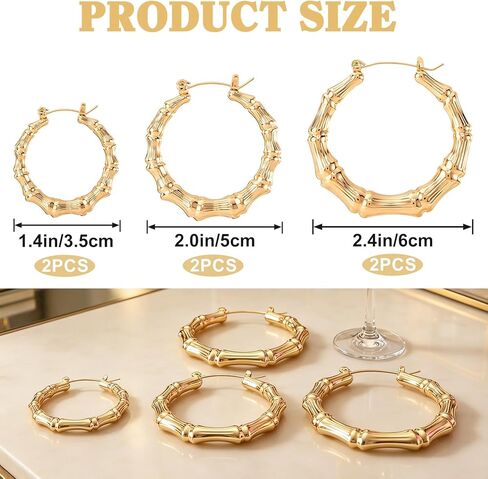 PAGOW 3 Pairs Large Bamboo Earrings, 14K Gold Plated Round Hoop Bamboo Earrings, Hypoallergenic 80s 90s Shiny Hip Hop Earring Hoops for Women Jewelry Party - 3 Sizes in Kuwait