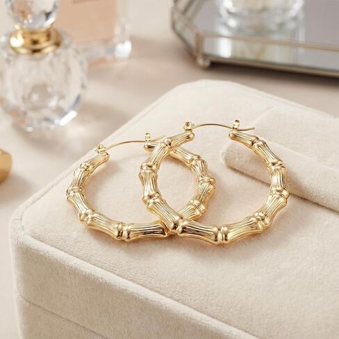 PAGOW 3 Pairs Large Bamboo Earrings, 14K Gold Plated Round Hoop Bamboo Earrings, Hypoallergenic 80s 90s Shiny Hip Hop Earring Hoops for Women Jewelry Party - 3 Sizes in Kuwait
