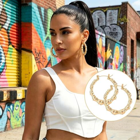 PAGOW 3 Pairs Large Bamboo Earrings, 14K Gold Plated Round Hoop Bamboo Earrings, Hypoallergenic 80s 90s Shiny Hip Hop Earring Hoops for Women Jewelry Party - 3 Sizes in Kuwait