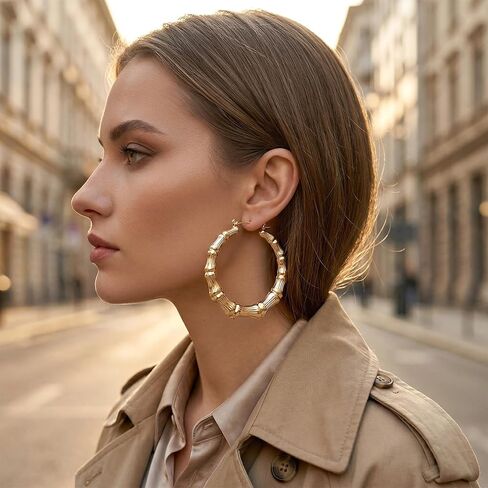 PAGOW 3 Pairs Large Bamboo Earrings, 14K Gold Plated Round Hoop Bamboo Earrings, Hypoallergenic 80s 90s Shiny Hip Hop Earring Hoops for Women Jewelry Party - 3 Sizes in Kuwait