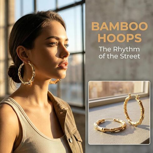PAGOW 3 Pairs Large Bamboo Earrings, 14K Gold Plated Round Hoop Bamboo Earrings, Hypoallergenic 80s 90s Shiny Hip Hop Earring Hoops for Women Jewelry Party - 3 Sizes in Kuwait