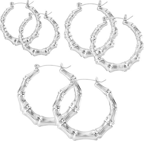 PAGOW 3 Pairs Large Bamboo Earrings, 14K Gold Plated Round Hoop Bamboo Earrings, Hypoallergenic 80s 90s Shiny Hip Hop Earring Hoops for Women Jewelry Party - 3 Sizes in Kuwait