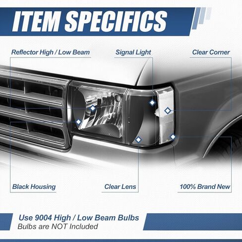 Auto Dynasty Headlights Assembly Compatible with 1987-1991 Ford Bronco F-150 F-250 F-350, Driver and Passenger Side Halogen Headlamps Replacement, FO2502104 FO2503104, Black Housing Clear Corner in Kuwait