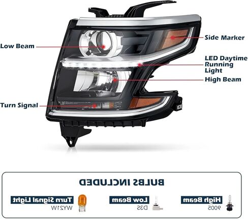 Left HID/Xenon Projector Headlight w/LED DRL Fit for 2015 2016 2017 2018 2019 2020 Chevy Tahoe Suburban LTZ/Premier HID Hedlamp Replacement Driver Side GM2502406 84582597 in Saudi Arabia