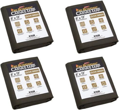 منتجات Mytee قماش القنب المقاوم للحريق مقاس 8 × 12 بوصة مع حلقات الألومنيوم - مقاوم للهب والتمزق، قماش بوليستر مقاوم للماء 16 أونصة للحام ومركبات النقل والاستخدام الخارجي، أخضر زيتوني in Kuwait