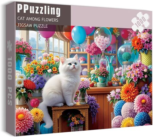 Flower Cat Puzzles for Adults 1000 Pieces, Colorful Floral Plant Jigsaw Puzzles, Challenging Animal Cute Kitten Puzzle as Home Wall Art in Kuwait
