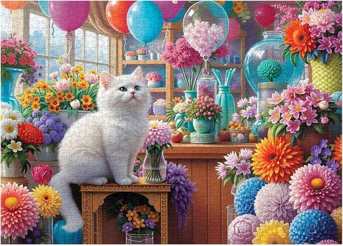 Flower Cat Puzzles for Adults 1000 Pieces, Colorful Floral Plant Jigsaw Puzzles, Challenging Animal Cute Kitten Puzzle as Home Wall Art in Kuwait