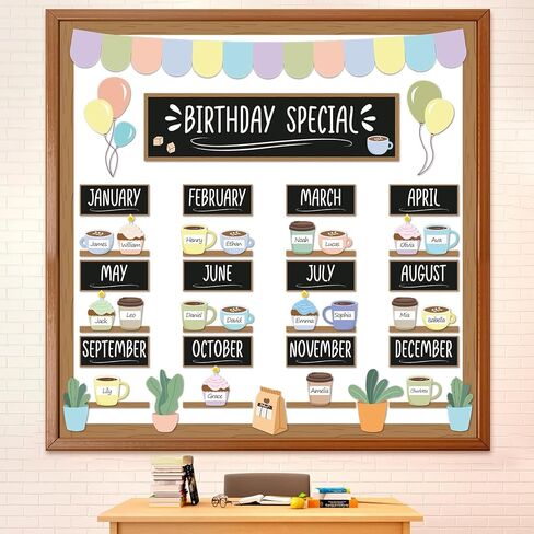 gisgfim Birthday Bulletin Board Set Coffee Theme Birthday Special Classroom Decorations Coffee Cup Name Tags Chart Calendar Paper Cutouts for Spring Chalkboard Wall Door Decor Office Teacher Supplies in Kuwait