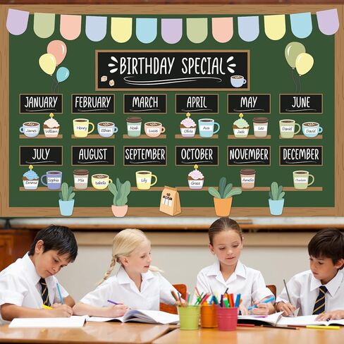gisgfim Birthday Bulletin Board Set Coffee Theme Birthday Special Classroom Decorations Coffee Cup Name Tags Chart Calendar Paper Cutouts for Spring Chalkboard Wall Door Decor Office Teacher Supplies in Kuwait