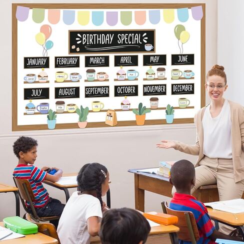 gisgfim Birthday Bulletin Board Set Coffee Theme Birthday Special Classroom Decorations Coffee Cup Name Tags Chart Calendar Paper Cutouts for Spring Chalkboard Wall Door Decor Office Teacher Supplies in Kuwait