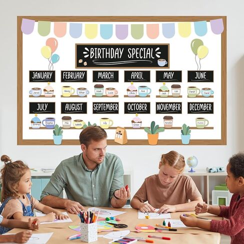 gisgfim Birthday Bulletin Board Set Coffee Theme Birthday Special Classroom Decorations Coffee Cup Name Tags Chart Calendar Paper Cutouts for Spring Chalkboard Wall Door Decor Office Teacher Supplies in Kuwait