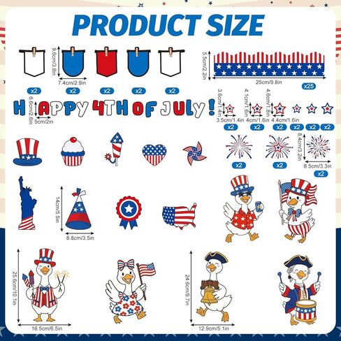 FYSUIMU Happy 4th of July Bulletin Board Decoration Set Patriotic Goose American Flag Paper Cutouts with 200 Pcs Glue Points for Independence Day 250th Anniversary Party Classroom Wall in Kuwait