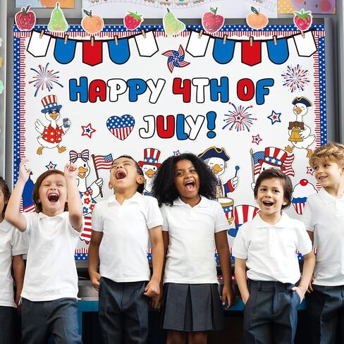 FYSUIMU Happy 4th of July Bulletin Board Decoration Set Patriotic Goose American Flag Paper Cutouts with 200 Pcs Glue Points for Independence Day 250th Anniversary Party Classroom Wall in Kuwait